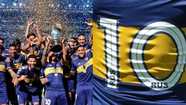 Boca celebra un campeonato levantando un trofeo.