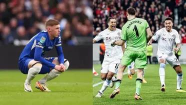 Cole Palmer agachado con la camiseta de Chelsea y Dibu Martínez bailando en Aston Villa