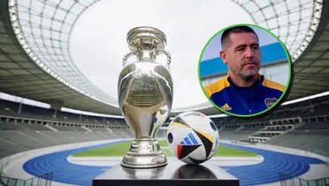 El trofeo de la Eurocopa 2024 junto a pelota.