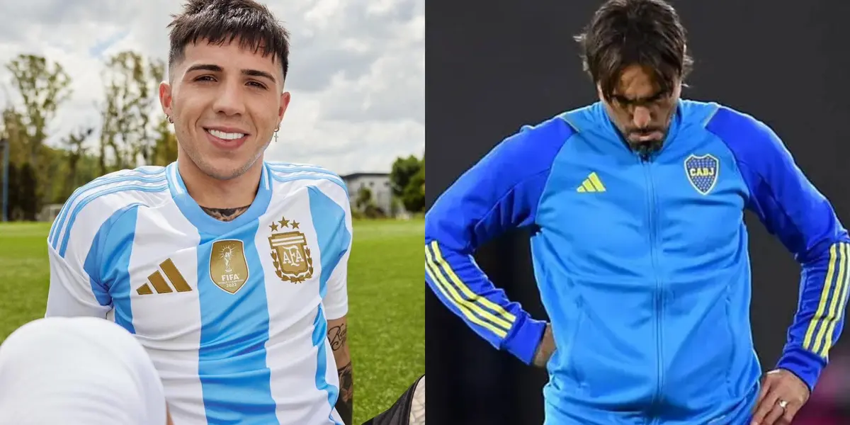 Enzo Fernández con la camiseta de Argentina y Diego Martínez con el buzo de Boca.