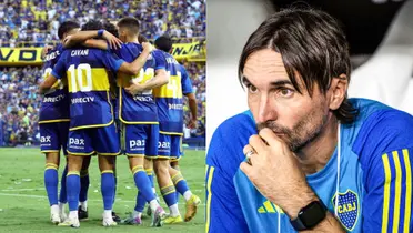 Festejo de gol en Boca Juniors, y a su lado Diego Martínez sentado.