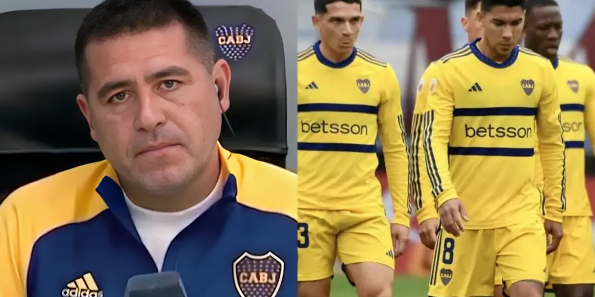 Juan Román Riquelme en una entrevista, y a su lado jugadores de Boca.
