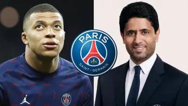 Kylian Mbappé con el buzo del PSG, y a su lado Al-Khelaïfi.