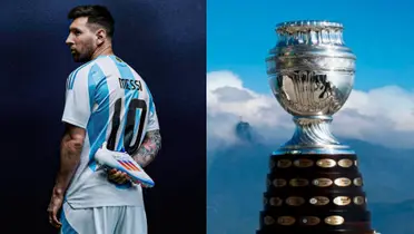 Lionel Messi con la 10 de Argentina sosteniendo sus botines.