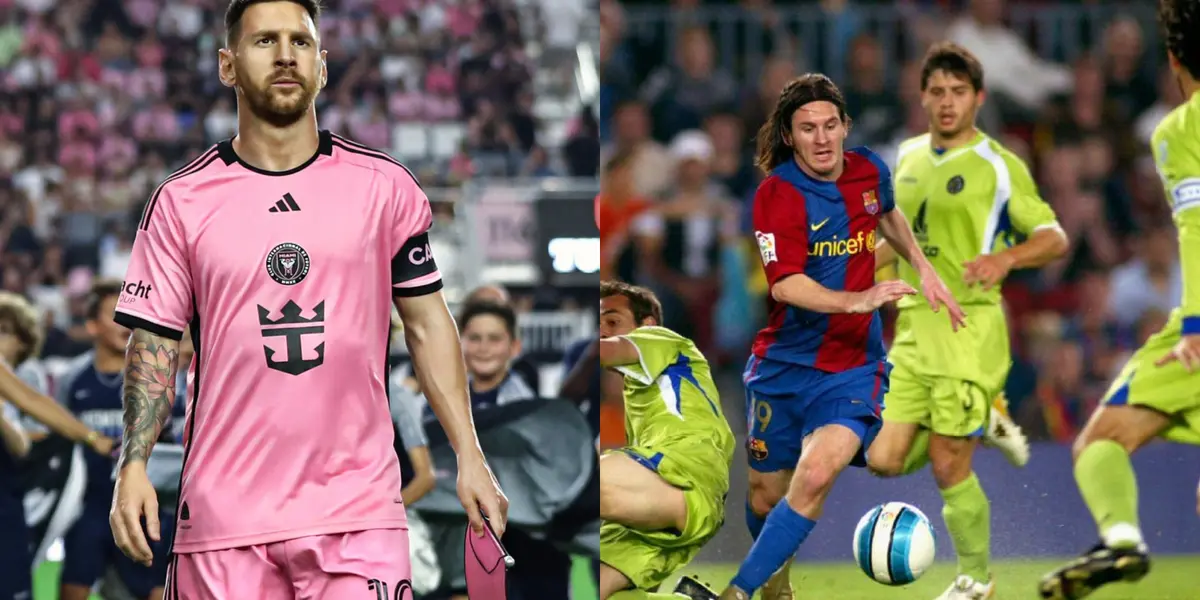 Lionel Messi con las camisetas de Inter y Barcelona.