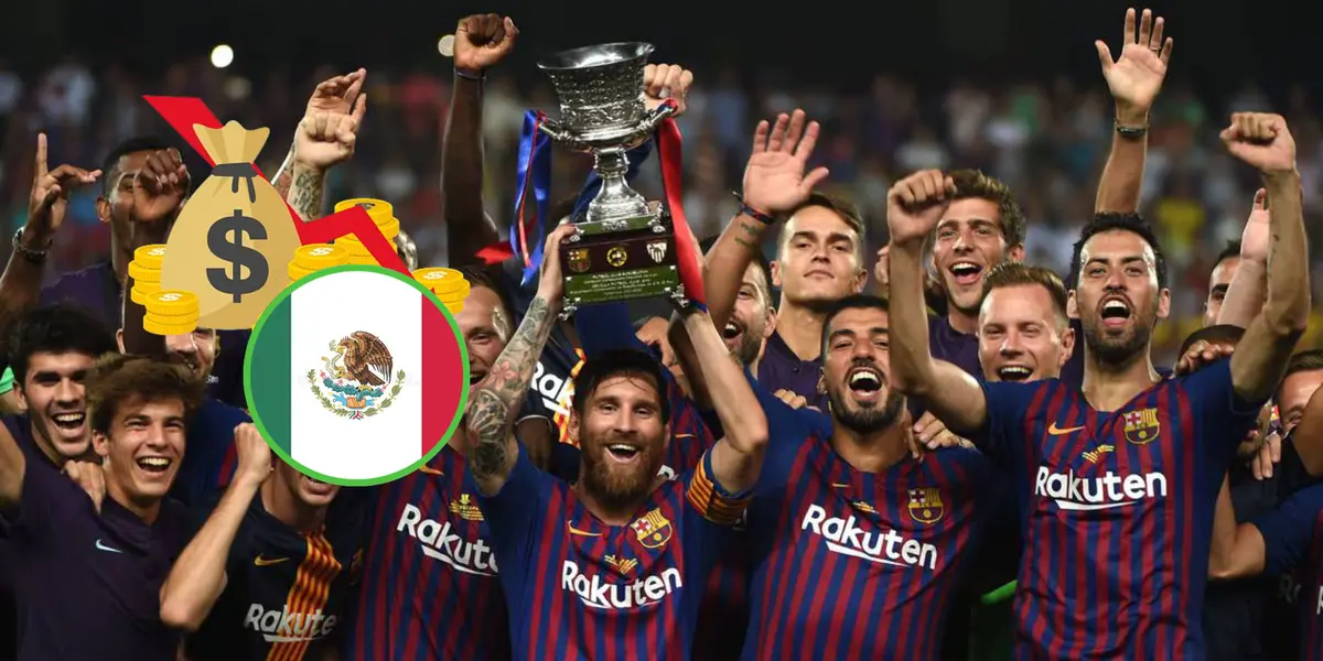 Lionel Messi levanta un trofeo con la camiseta del Barcelona.