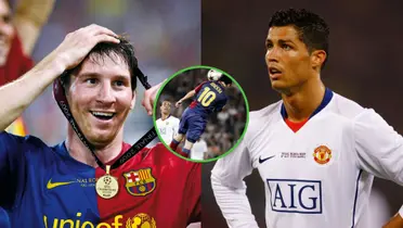 Lionel Messi se coloca la medalla de campeón. A su lado, Cristiano se lamenta haber perdido (2009).