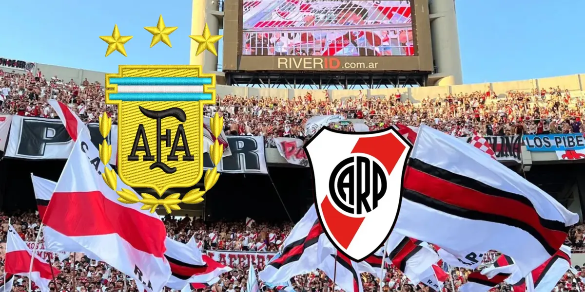 Los escudos de River Plate y Afa con el Monumental de fondo.