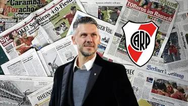 Martín Demichelis sonriendo, con tapas de diarios alemanes detrás.