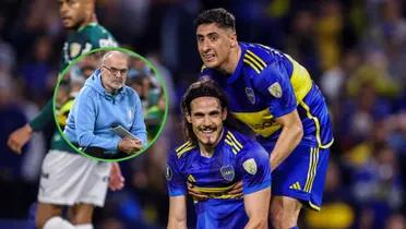 Miguel Merentiel levanta a Edinson Cavani del suelo, durante un Boca vs Palmeiras (2023).