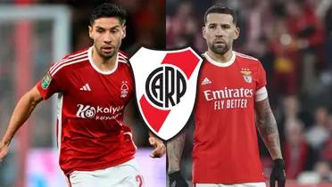 Montiel y Otamendi junto al escudo de River.