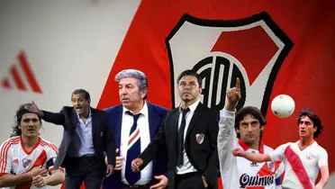 Ortega, Ramón Díaz, Labruna, Gallardo, Francescoli y Alonso con atuendos de River.