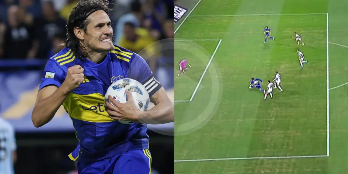 Edinson Cavani toma la pelota mientras festeja un gol con Boca.