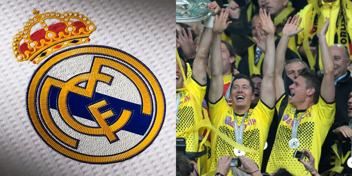 Escudo de Real Madrid y Borussia Dortmund levanta un trofe de Bundesliga.