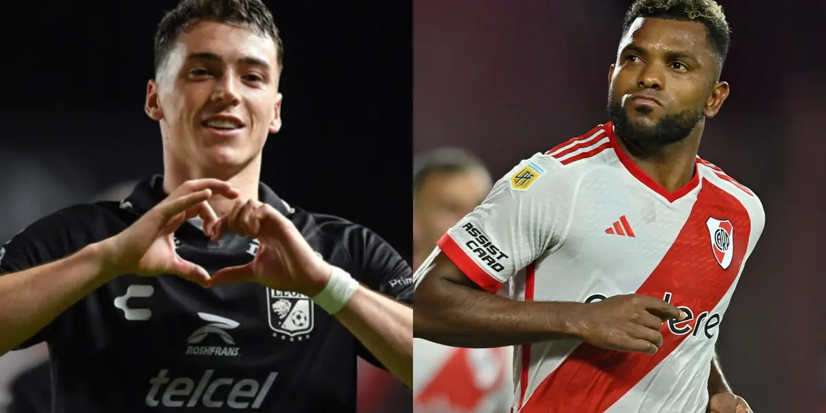 Federico Viñas y Miguel Borja con las camisetas de León y River.