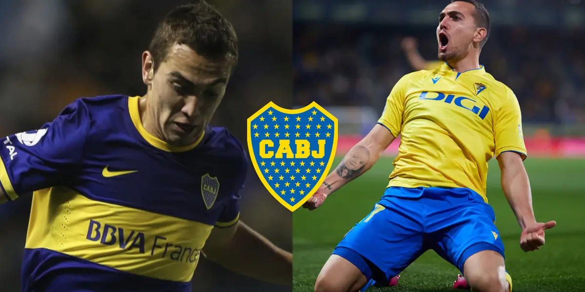 Gonzalo Escalante con la camiseta de Boca (2013) y Cádiz (2024).