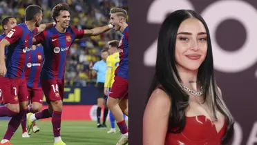 Jugadores del Barcelona festejando un gol y Nicki Nicole