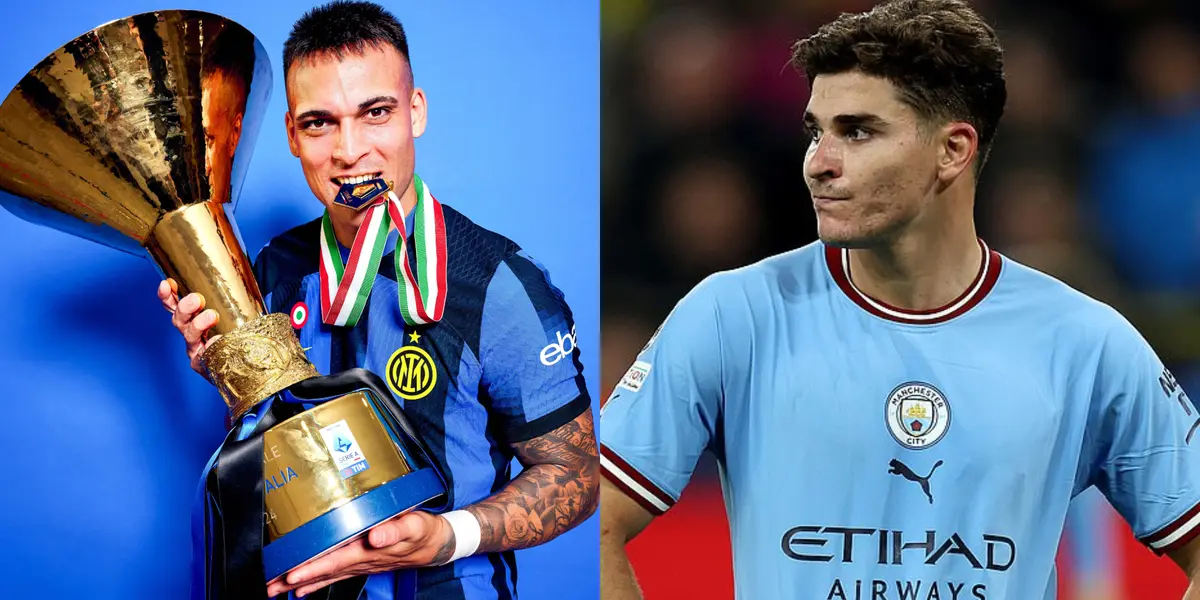 Lautaro Martínez besa el trofeo de la Serie A, y a su lado Julián Álvarez serio.