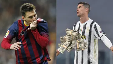 Lionel Messi besando el escudo del Barcelona y Cristiano Ronaldo quejándose con Juventus