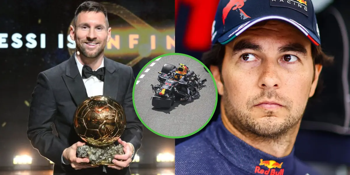 Lionel Messi con el Balón de Oro 2023. A su lado Checo Pérez con la ropa de Red Bull.