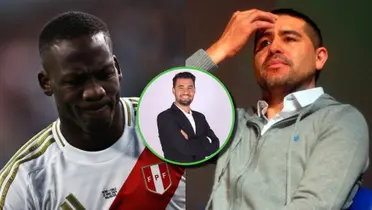 Luis Advíncula con gestos de dolor, y Riqulme se toma la cabeza.