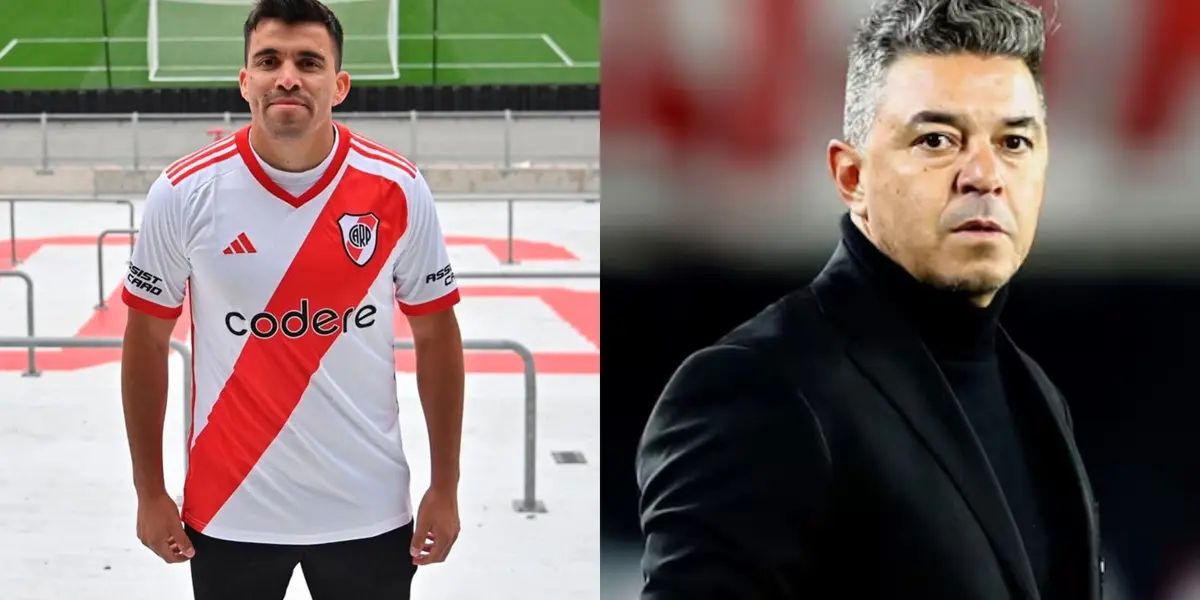 Marcos Acuña con la camiseta de River Plate y Marcelo Gallardo ante Talleres.