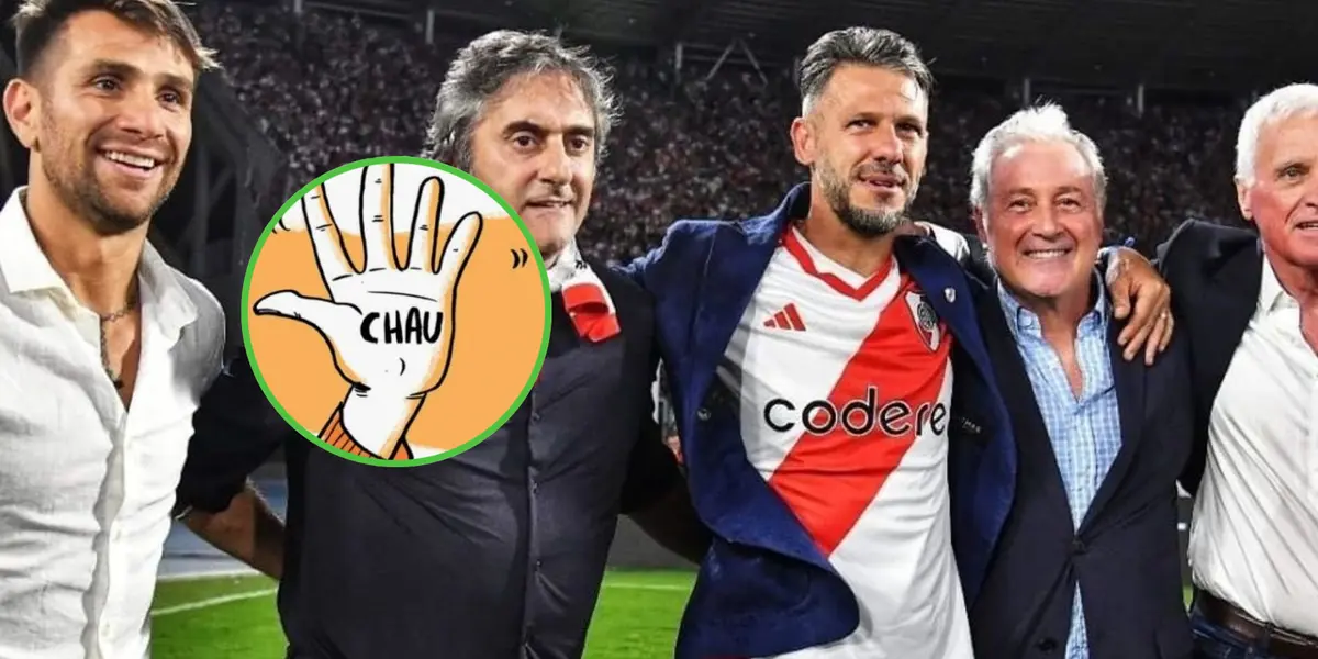 Martín Demichelis con la camiseta de River, rodeado de los principales dirigentes.