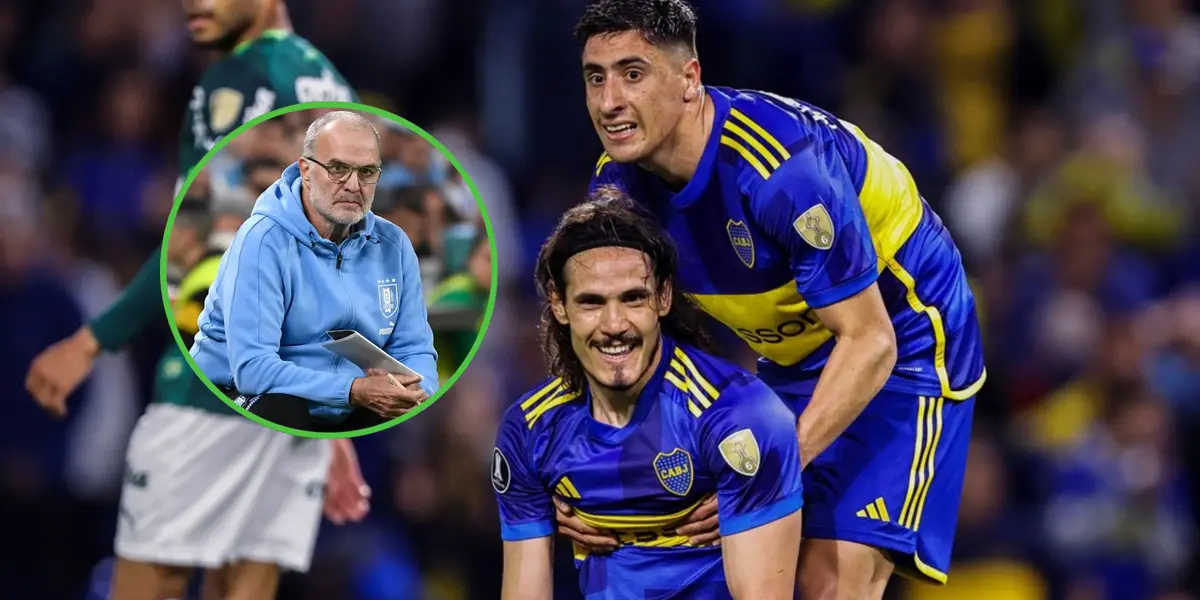 Miguel Merentiel levanta a Edinson Cavani del suelo, durante un Boca vs Palmeiras (2023).