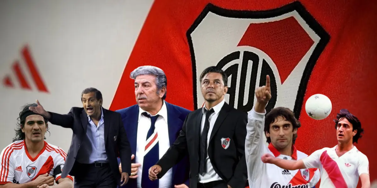 Ortega, Ramón Díaz, Labruna, Gallardo, Francescoli y Alonso con atuendos de River.