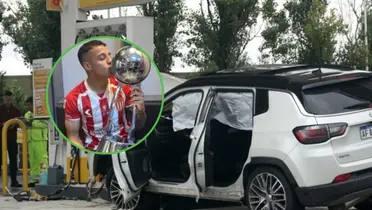 Tiago Palacios besando la Copa de la Liga, y detrás suyo el auto que manejaba horas después.